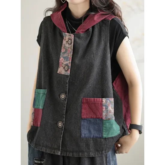 Artistic Retro Loose Denim Sleeveless Buttoned Contrast Color Hooded Vest Outerwear Artistic Retro Loose Denim Sleeveless Buttoned Contrast Color Hooded Vest Outerwear