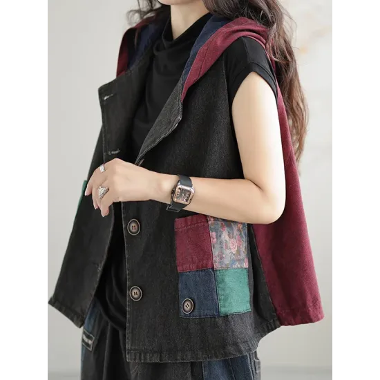 Artistic Retro Loose Denim Sleeveless Buttoned Contrast Color Hooded Vest Outerwear Artistic Retro Loose Denim Sleeveless Buttoned Contrast Color Hooded Vest Outerwear
