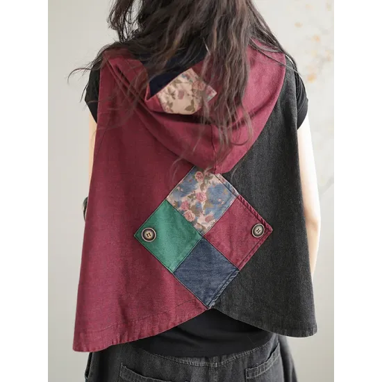 Artistic Retro Loose Denim Sleeveless Buttoned Contrast Color Hooded Vest Outerwear Artistic Retro Loose Denim Sleeveless Buttoned Contrast Color Hooded Vest Outerwear