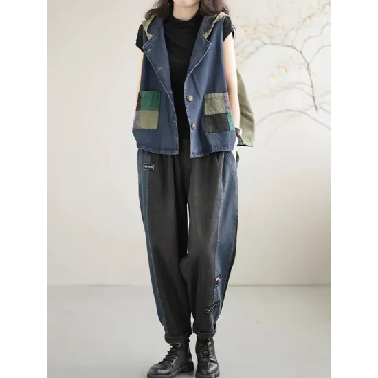 Artistic Retro Loose Denim Sleeveless Buttoned Contrast Color Hooded Vest Outerwear Artistic Retro Loose Denim Sleeveless Buttoned Contrast Color Hooded Vest Outerwear