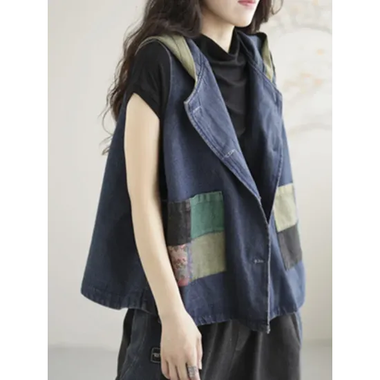 Artistic Retro Loose Denim Sleeveless Buttoned Contrast Color Hooded Vest Outerwear Artistic Retro Loose Denim Sleeveless Buttoned Contrast Color Hooded Vest Outerwear