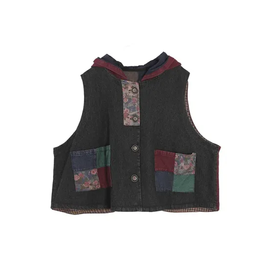 Artistic Retro Loose Denim Sleeveless Buttoned Contrast Color Hooded Vest Outerwear Artistic Retro Loose Denim Sleeveless Buttoned Contrast Color Hooded Vest Outerwear
