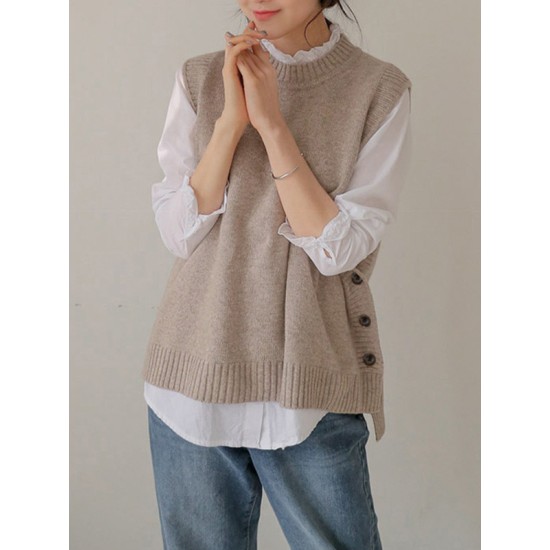 Simple Sleeveless Loose Buttoned Solid Color Round-Neck Sweater Vest Outerwear Simple Sleeveless Loose Buttoned Solid Color Round-Neck Sweater Vest Outerwear