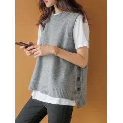 Simple Sleeveless Loose Buttoned Solid Color Round-Neck Sweater Vest Outerwear