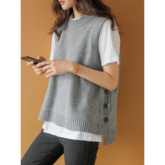 Simple Sleeveless Loose Buttoned Solid Color Round-Neck Sweater Vest Outerwear Simple Sleeveless Loose Buttoned Solid Color Round-Neck Sweater Vest Outerwear