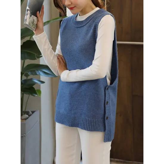 Simple Sleeveless Loose Buttoned Solid Color Round-Neck Sweater Vest Outerwear Simple Sleeveless Loose Buttoned Solid Color Round-Neck Sweater Vest Outerwear