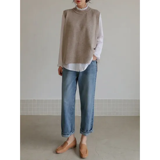 Simple Sleeveless Loose Buttoned Solid Color Round-Neck Sweater Vest Outerwear Simple Sleeveless Loose Buttoned Solid Color Round-Neck Sweater Vest Outerwear