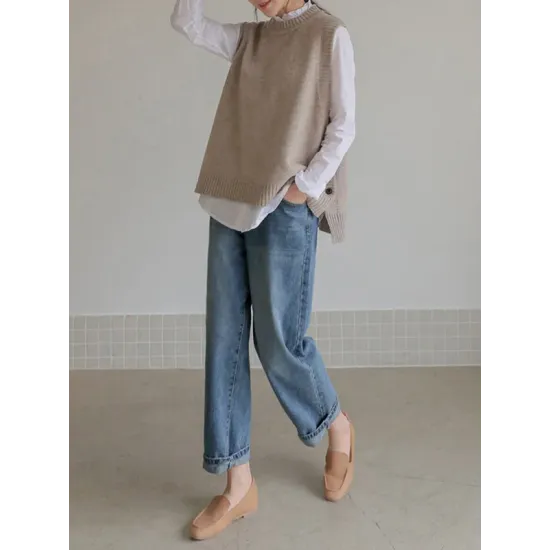 Simple Sleeveless Loose Buttoned Solid Color Round-Neck Sweater Vest Outerwear Simple Sleeveless Loose Buttoned Solid Color Round-Neck Sweater Vest Outerwear