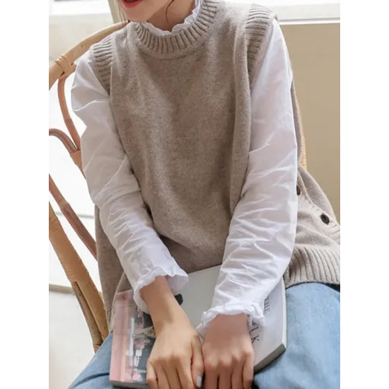 Simple Sleeveless Loose Buttoned Solid Color Round-Neck Sweater Vest Outerwear Simple Sleeveless Loose Buttoned Solid Color Round-Neck Sweater Vest Outerwear