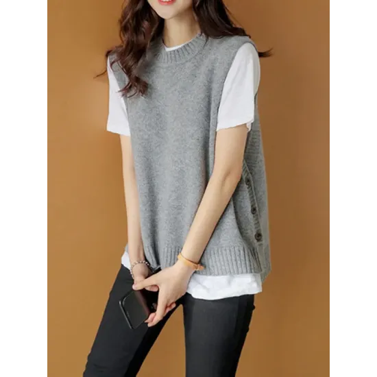 Simple Sleeveless Loose Buttoned Solid Color Round-Neck Sweater Vest Outerwear Simple Sleeveless Loose Buttoned Solid Color Round-Neck Sweater Vest Outerwear