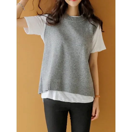 Simple Sleeveless Loose Buttoned Solid Color Round-Neck Sweater Vest Outerwear Simple Sleeveless Loose Buttoned Solid Color Round-Neck Sweater Vest Outerwear