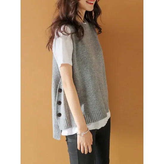 Simple Sleeveless Loose Buttoned Solid Color Round-Neck Sweater Vest Outerwear Simple Sleeveless Loose Buttoned Solid Color Round-Neck Sweater Vest Outerwear