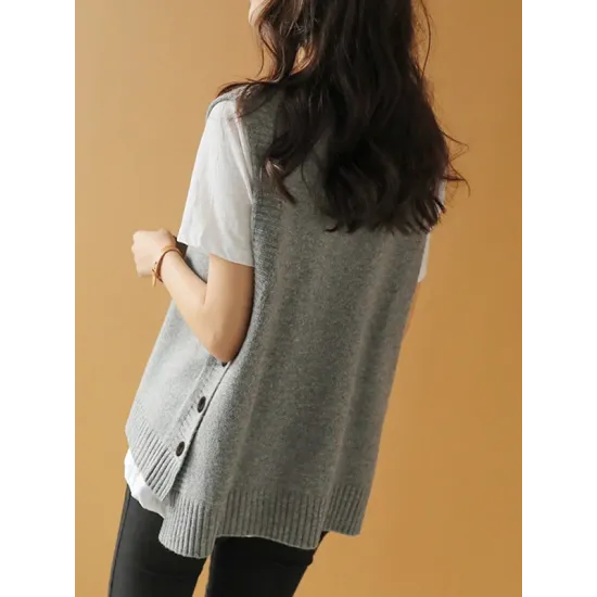 Simple Sleeveless Loose Buttoned Solid Color Round-Neck Sweater Vest Outerwear Simple Sleeveless Loose Buttoned Solid Color Round-Neck Sweater Vest Outerwear