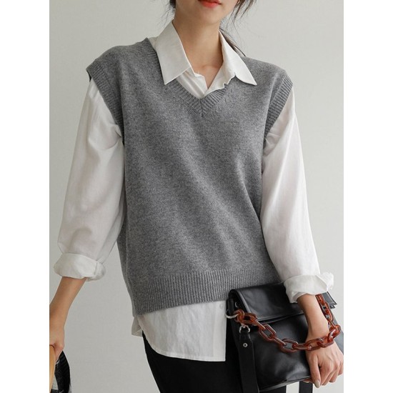 Casual Loose Sleeveless Solid Color V-Neck Sweater Vest Outerwear Casual Loose Sleeveless Solid Color V-Neck Sweater Vest Outerwear