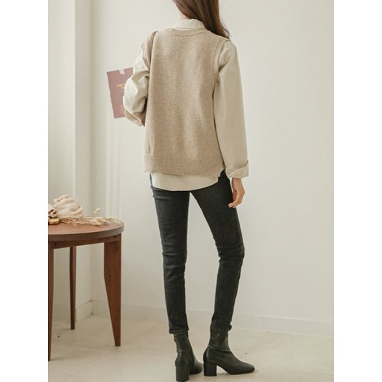 Casual Loose Sleeveless Solid Color V-Neck Sweater Vest Outerwear Casual Loose Sleeveless Solid Color V-Neck Sweater Vest Outerwear