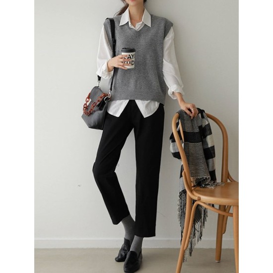 Casual Loose Sleeveless Solid Color V-Neck Sweater Vest Outerwear Casual Loose Sleeveless Solid Color V-Neck Sweater Vest Outerwear