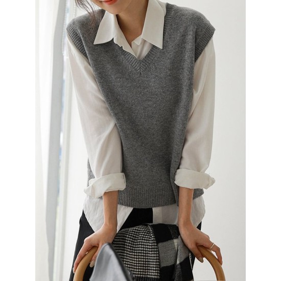 Casual Loose Sleeveless Solid Color V-Neck Sweater Vest Outerwear Casual Loose Sleeveless Solid Color V-Neck Sweater Vest Outerwear