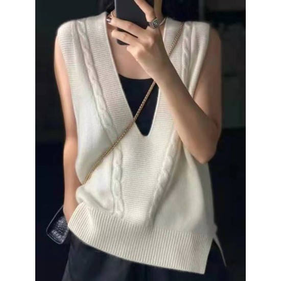 Casual Loose Knitting Sleeveless Solid Color V-Neck Vest Top Casual Loose Knitting Sleeveless Solid Color V-Neck Vest Top