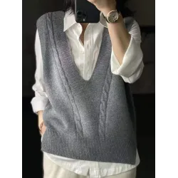 Casual Loose Knitting Sleeveless Solid Color V-Neck Vest Top