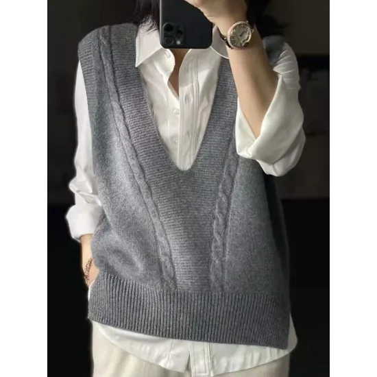 Casual Loose Knitting Sleeveless Solid Color V-Neck Vest Top Casual Loose Knitting Sleeveless Solid Color V-Neck Vest Top