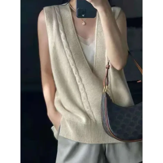 Casual Loose Knitting Sleeveless Solid Color V-Neck Vest Top Casual Loose Knitting Sleeveless Solid Color V-Neck Vest Top