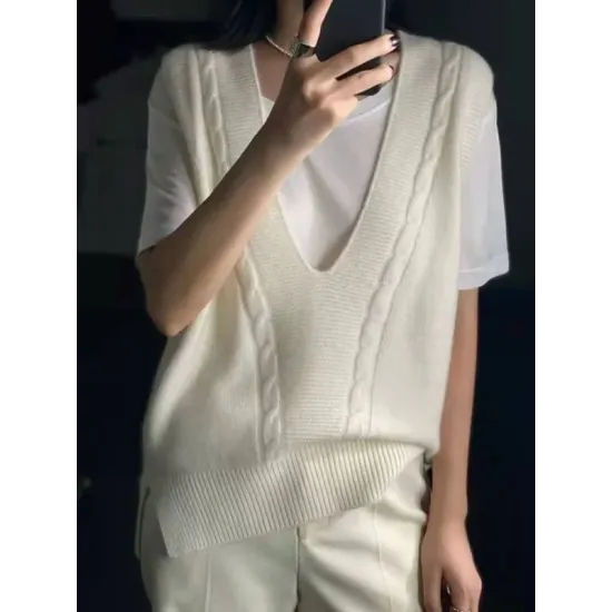 Casual Loose Knitting Sleeveless Solid Color V-Neck Vest Top Casual Loose Knitting Sleeveless Solid Color V-Neck Vest Top