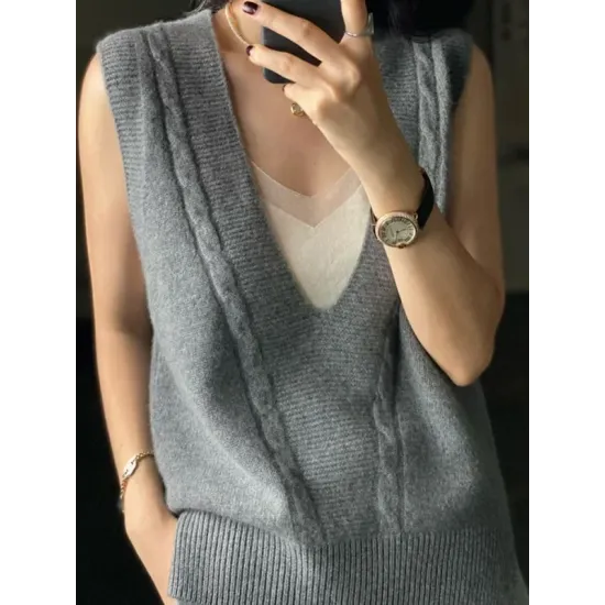 Casual Loose Knitting Sleeveless Solid Color V-Neck Vest Top Casual Loose Knitting Sleeveless Solid Color V-Neck Vest Top