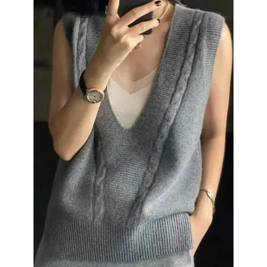 Casual Loose Knitting Sleeveless Solid Color V-Neck Vest Top Casual Loose Knitting Sleeveless Solid Color V-Neck Vest Top