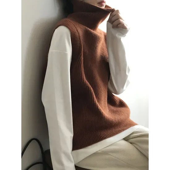 Casual Loose Sleeveless Solid Color High-Neck Sweater Vest Outerwear Casual Loose Sleeveless Solid Color High-Neck Sweater Vest Outerwear