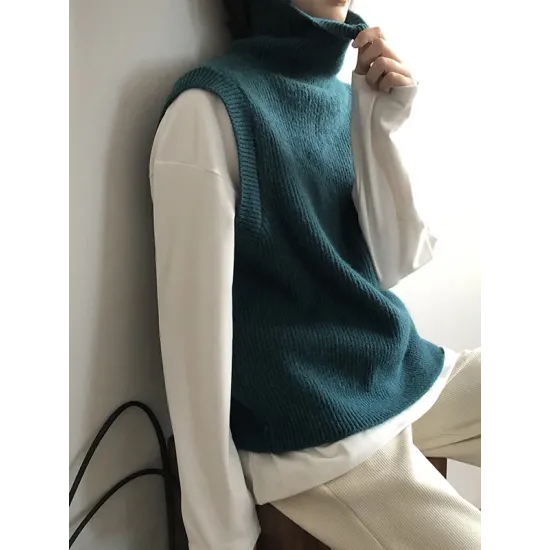Casual Loose Sleeveless Solid Color High-Neck Sweater Vest Outerwear Casual Loose Sleeveless Solid Color High-Neck Sweater Vest Outerwear