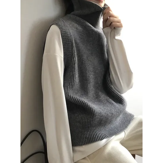 Casual Loose Sleeveless Solid Color High-Neck Sweater Vest Outerwear Casual Loose Sleeveless Solid Color High-Neck Sweater Vest Outerwear