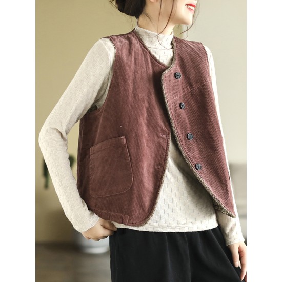 Vintage Sleeveless Loose Buttoned Split-Joint Solid Color Round-Neck Vest Outerwear Vintage Sleeveless Loose Buttoned Split-Joint Solid Color Round-Neck Vest Outerwear