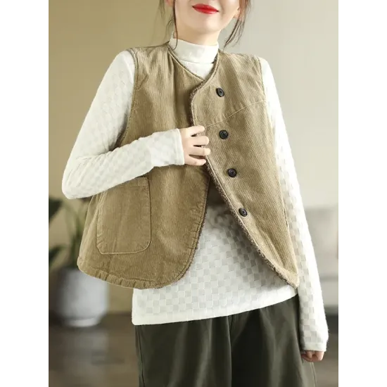 Vintage Sleeveless Loose Buttoned Split-Joint Solid Color Round-Neck Vest Outerwear Vintage Sleeveless Loose Buttoned Split-Joint Solid Color Round-Neck Vest Outerwear
