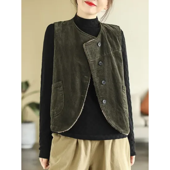 Vintage Sleeveless Loose Buttoned Split-Joint Solid Color Round-Neck Vest Outerwear Vintage Sleeveless Loose Buttoned Split-Joint Solid Color Round-Neck Vest Outerwear