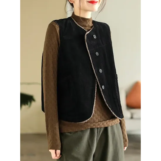 Vintage Sleeveless Loose Buttoned Split-Joint Solid Color Round-Neck Vest Outerwear Vintage Sleeveless Loose Buttoned Split-Joint Solid Color Round-Neck Vest Outerwear