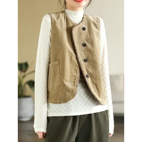 Vintage Sleeveless Loose Buttoned Split-Joint Solid Color Round-Neck Vest Outerwear Vintage Sleeveless Loose Buttoned Split-Joint Solid Color Round-Neck Vest Outerwear