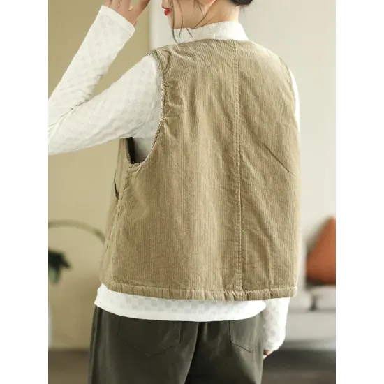 Vintage Sleeveless Loose Buttoned Split-Joint Solid Color Round-Neck Vest Outerwear Vintage Sleeveless Loose Buttoned Split-Joint Solid Color Round-Neck Vest Outerwear