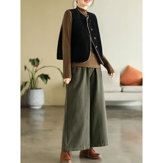 Vintage Sleeveless Loose Buttoned Split-Joint Solid Color Round-Neck Vest Outerwear Vintage Sleeveless Loose Buttoned Split-Joint Solid Color Round-Neck Vest Outerwear