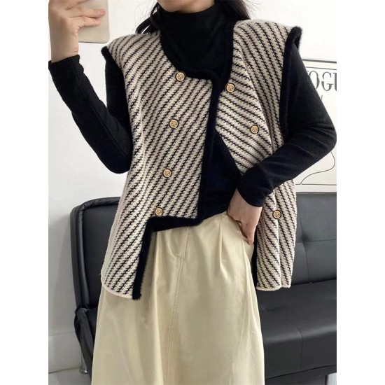 Original Creation Sleeveless Loose Buttoned Striped Round-Neck Vest Outerwear Original Creation Sleeveless Loose Buttoned Striped Round-Neck Vest Outerwear