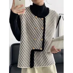 Original Creation Sleeveless Loose Buttoned Striped Round-Neck Vest Outerwear
