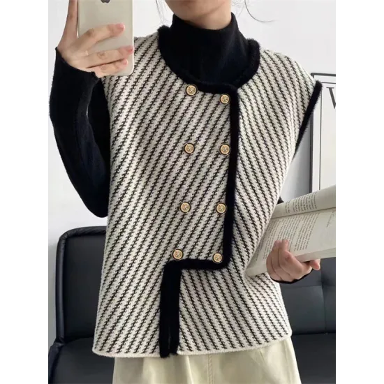 Original Creation Sleeveless Loose Buttoned Striped Round-Neck Vest Outerwear Original Creation Sleeveless Loose Buttoned Striped Round-Neck Vest Outerwear
