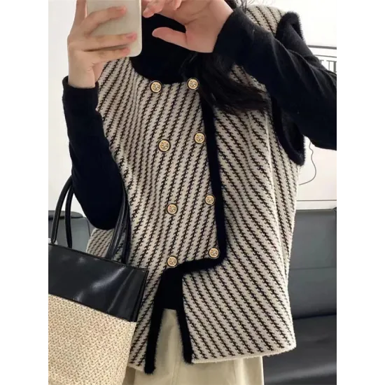 Original Creation Sleeveless Loose Buttoned Striped Round-Neck Vest Outerwear Original Creation Sleeveless Loose Buttoned Striped Round-Neck Vest Outerwear