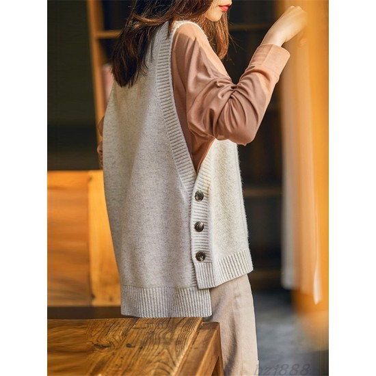 Casual Sleeveless Loose Solid Color Round-Neck Knitting Vest Outerwear Casual Sleeveless Loose Solid Color Round-Neck Knitting Vest Outerwear