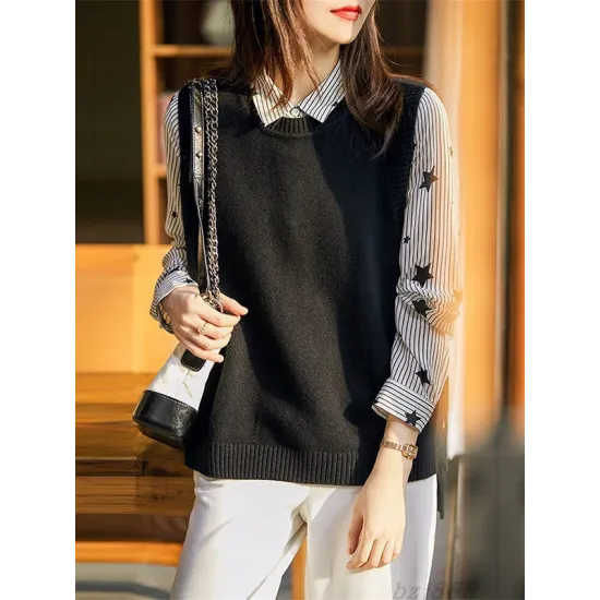 Casual Sleeveless Loose Solid Color Round-Neck Knitting Vest Outerwear Casual Sleeveless Loose Solid Color Round-Neck Knitting Vest Outerwear