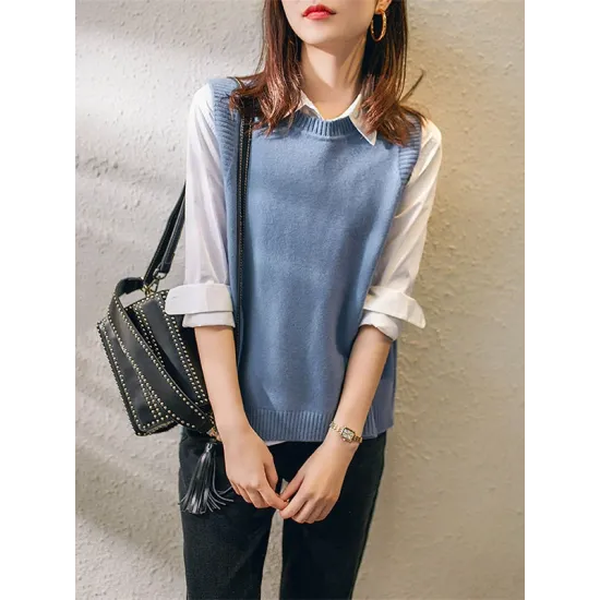 Casual Sleeveless Loose Solid Color Round-Neck Knitting Vest Outerwear Casual Sleeveless Loose Solid Color Round-Neck Knitting Vest Outerwear