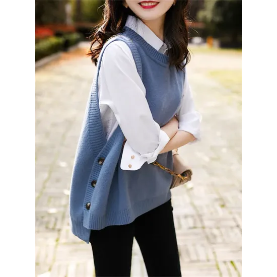 Casual Sleeveless Loose Solid Color Round-Neck Knitting Vest Outerwear Casual Sleeveless Loose Solid Color Round-Neck Knitting Vest Outerwear