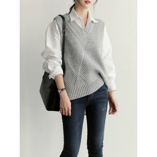 Casual Sleeveless Loose Solid Color V-Neck Vest Outerwear Casual Sleeveless Loose Solid Color V-Neck Vest Outerwear