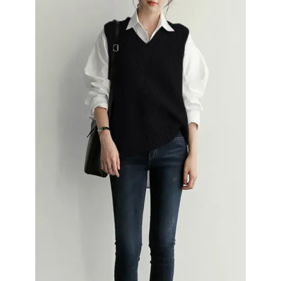 Casual Sleeveless Loose Solid Color V-Neck Vest Outerwear Casual Sleeveless Loose Solid Color V-Neck Vest Outerwear