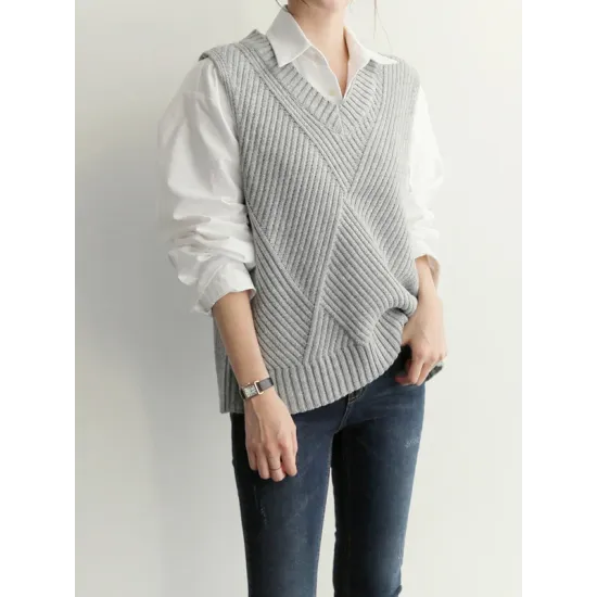 Casual Sleeveless Loose Solid Color V-Neck Vest Outerwear Casual Sleeveless Loose Solid Color V-Neck Vest Outerwear