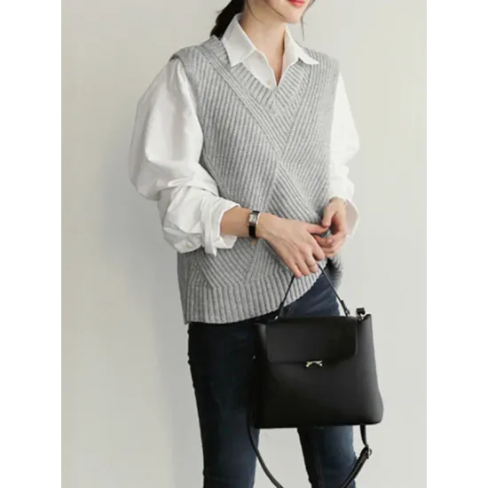Casual Sleeveless Loose Solid Color V-Neck Vest Outerwear Casual Sleeveless Loose Solid Color V-Neck Vest Outerwear